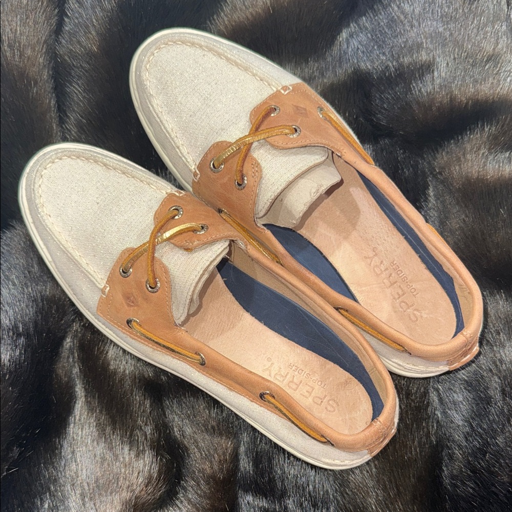 Sperry Canvas & Leather Boat Shoes - Cream and Tan